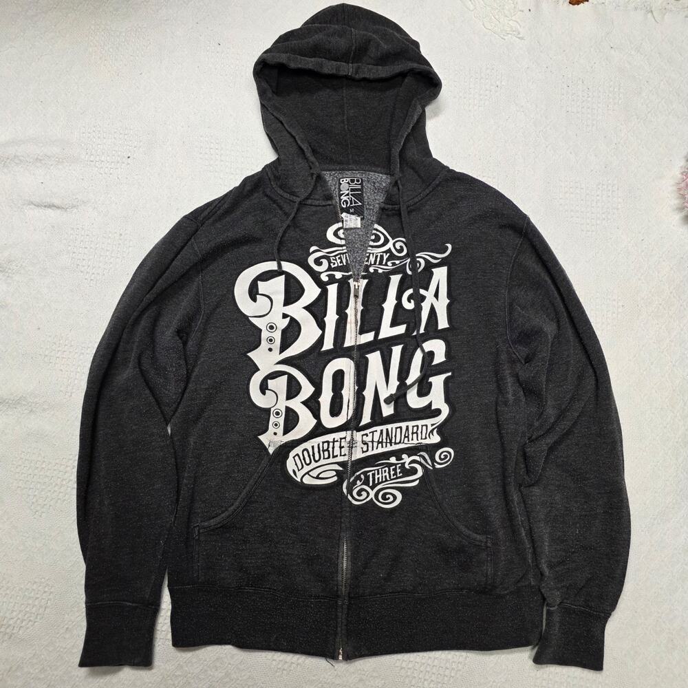 Y2k Billabong "double standard" Fleece Full Zip Hoodie Gray Pockets Men's Size M